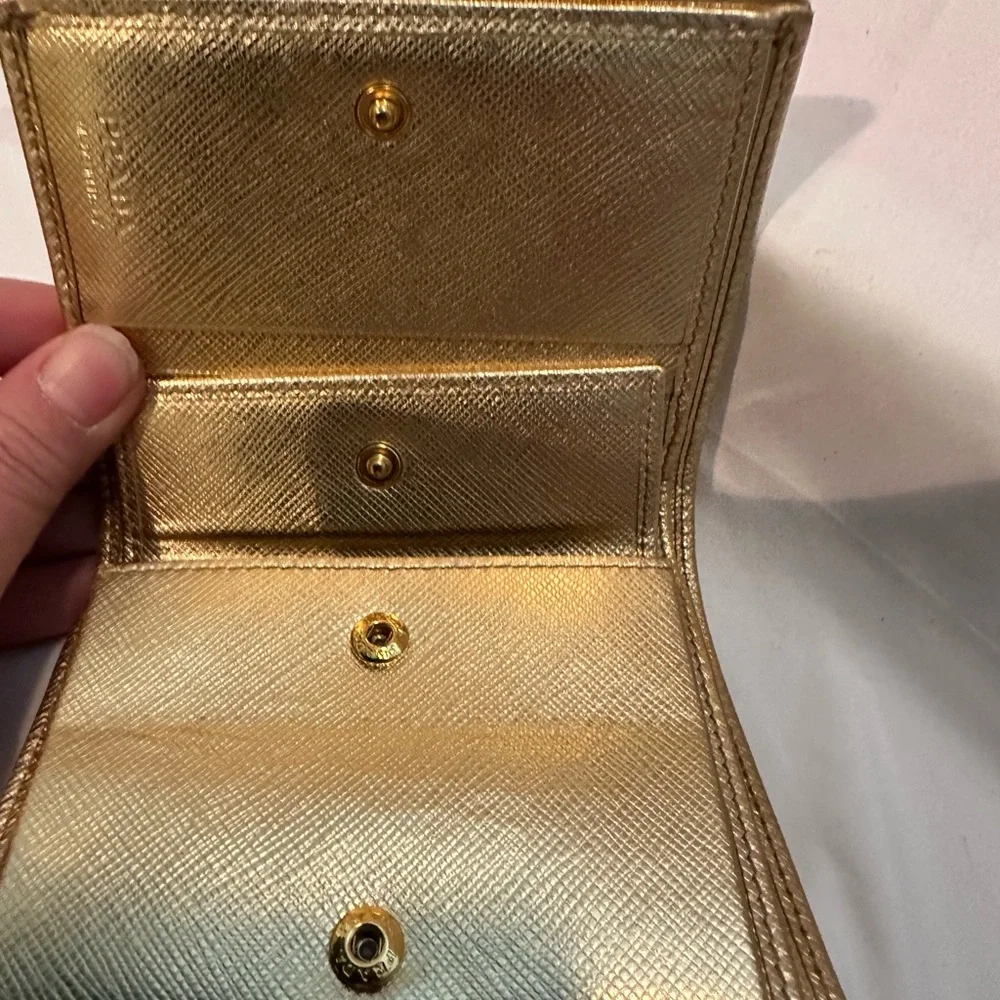 Authentic PRADA Gold Genuine Saffiano Leather Compact Wallet Pre-owned